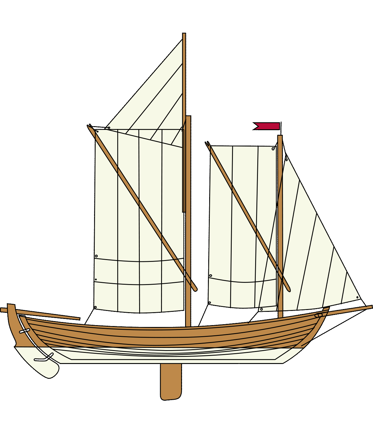 Holzboot mit zwei Masten